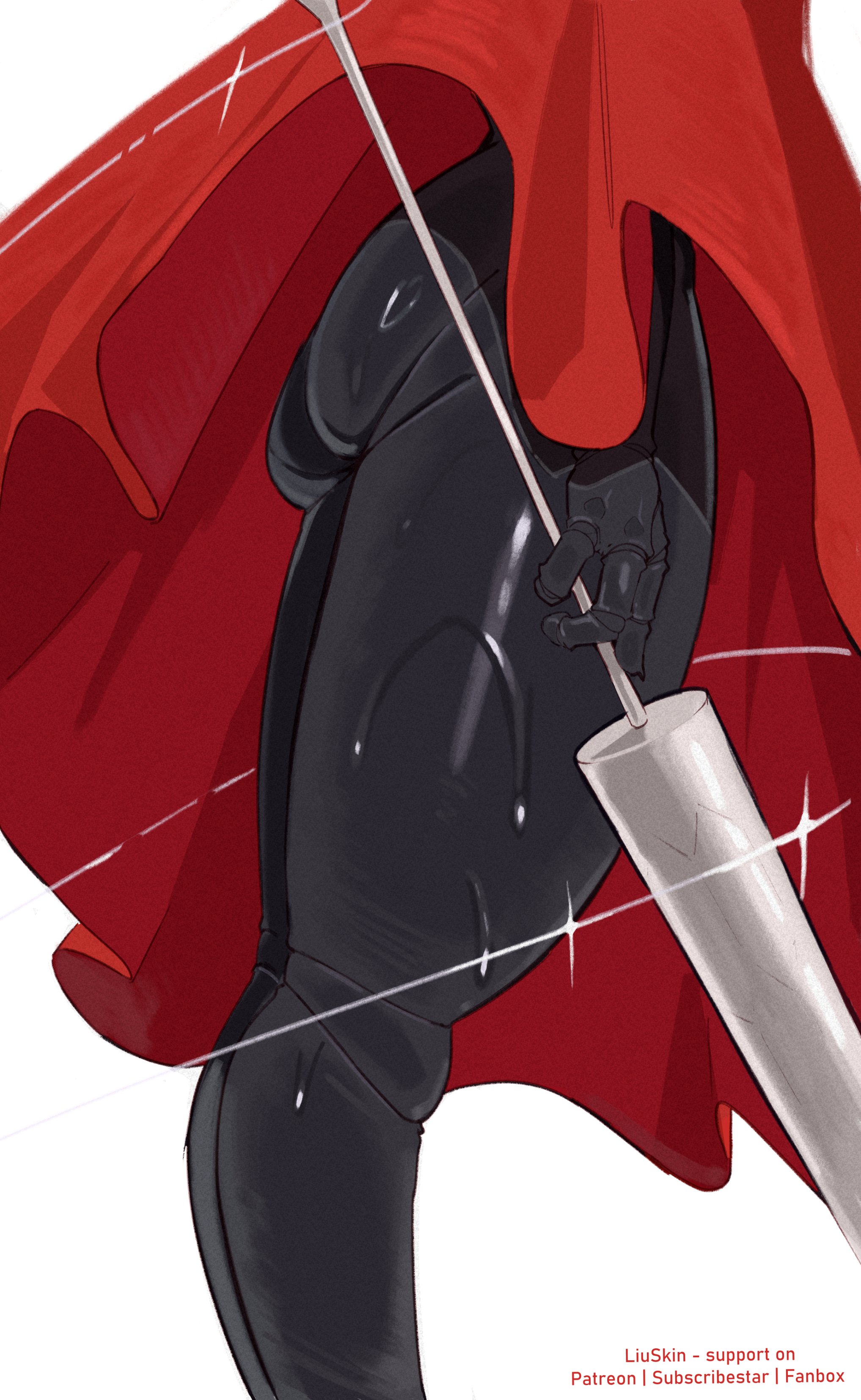 liuskin, hornet (hollow knight), hollow knight, hollow knight: silksong, absurdres, highres, 1girl, artist name, ass, black bodysuit, bodysuit, cloak, english text, from side, holding, holding weapon, leg focus, needle (hollow knight), red cloak, simple background, solo, weapon, white background