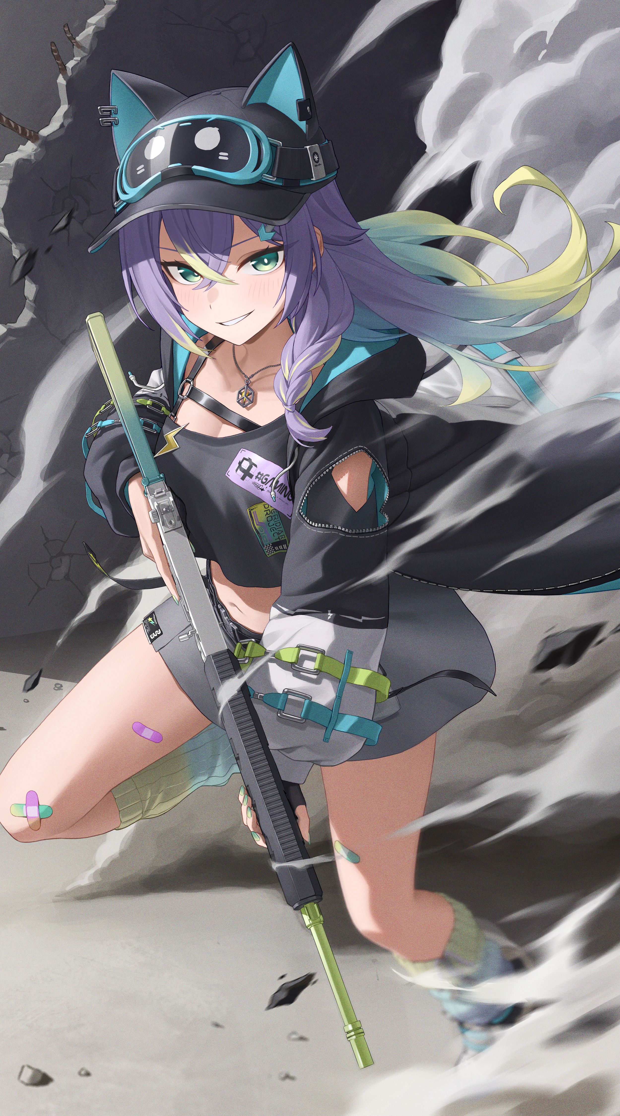 bacon quiche, meridian project, absurdres, commentary, highres, 1girl, animal ear headwear, arm cutout, assault rifle, bandaid, bandaid on leg, black gloves, black hat, black jacket, black shirt, black shoes, blush, breasts, chest belt, cleavage, clothing cutout, collarbone, crack, cracked wall, crop top, crossed bangs, debris, fake animal ears, fingerless gloves, gloves, goggles, goggles on headwear, gradient hair, gradient nails, green eyes, green nails, grey skirt, grin, gun, hair between eyes, hat, hitomi (meridian project), holding, holding gun, holding weapon, hood, hooded jacket, jacket, jewelry, legs, lightning bolt symbol, long sleeves, medium breasts, miniskirt, motion blur, multicolored hair, nail polish, navel, necklace, parted lips, purple hair, rifle, rock, shirt, shoes, sidelocks, skirt, smile, smoke, sneakers, streaked hair, thighs, two-sided fabric, two-sided jacket, virtual youtuber, weapon