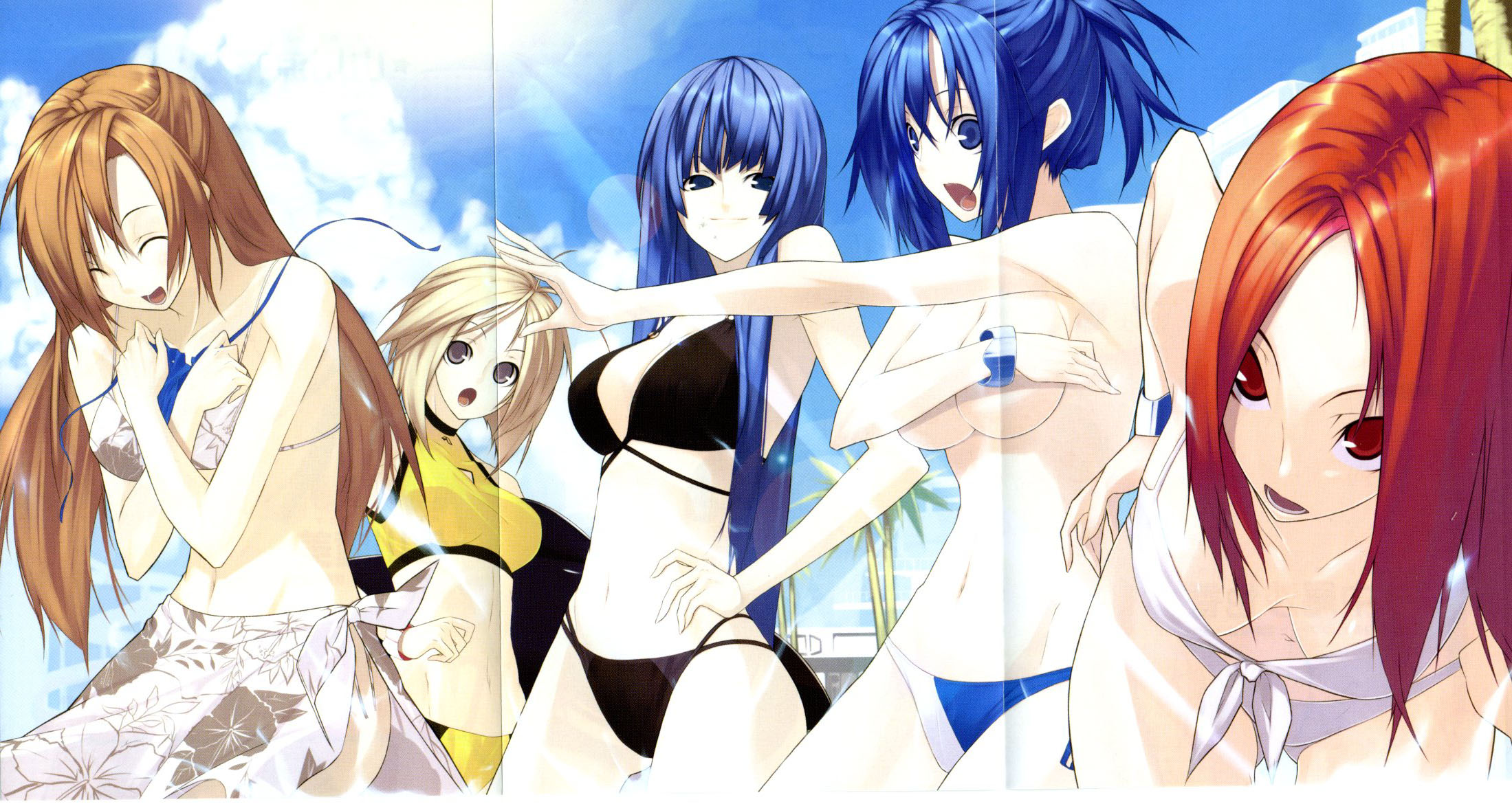 senmu (senmudayo), kondou mikoto, mishima akane, sakura kaede, sangou shizuku, senou natsuru, kampfer, breast hold, highres, scan, scan artifacts, 00s, 5girls, assisted exposure, bikini, black bikini, blonde hair, blue bikini, blue eyes, blue hair, breasts, brown hair, cleavage, covering breasts, covering privates, crease, day, downblouse, forced dressing, genderswap, genderswap (mtf), large breasts, medium breasts, midriff, multiple girls, navel, outdoors, red eyes, red hair, sky, swimsuit, topless female, white bikini, yellow bikini