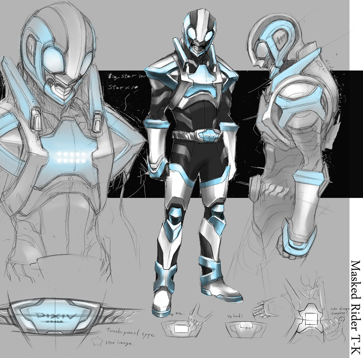 taka (frostbite), kamen rider tk, kamen rider, original, highres, 1boy, belt, male focus, partially colored, reference sheet, solo