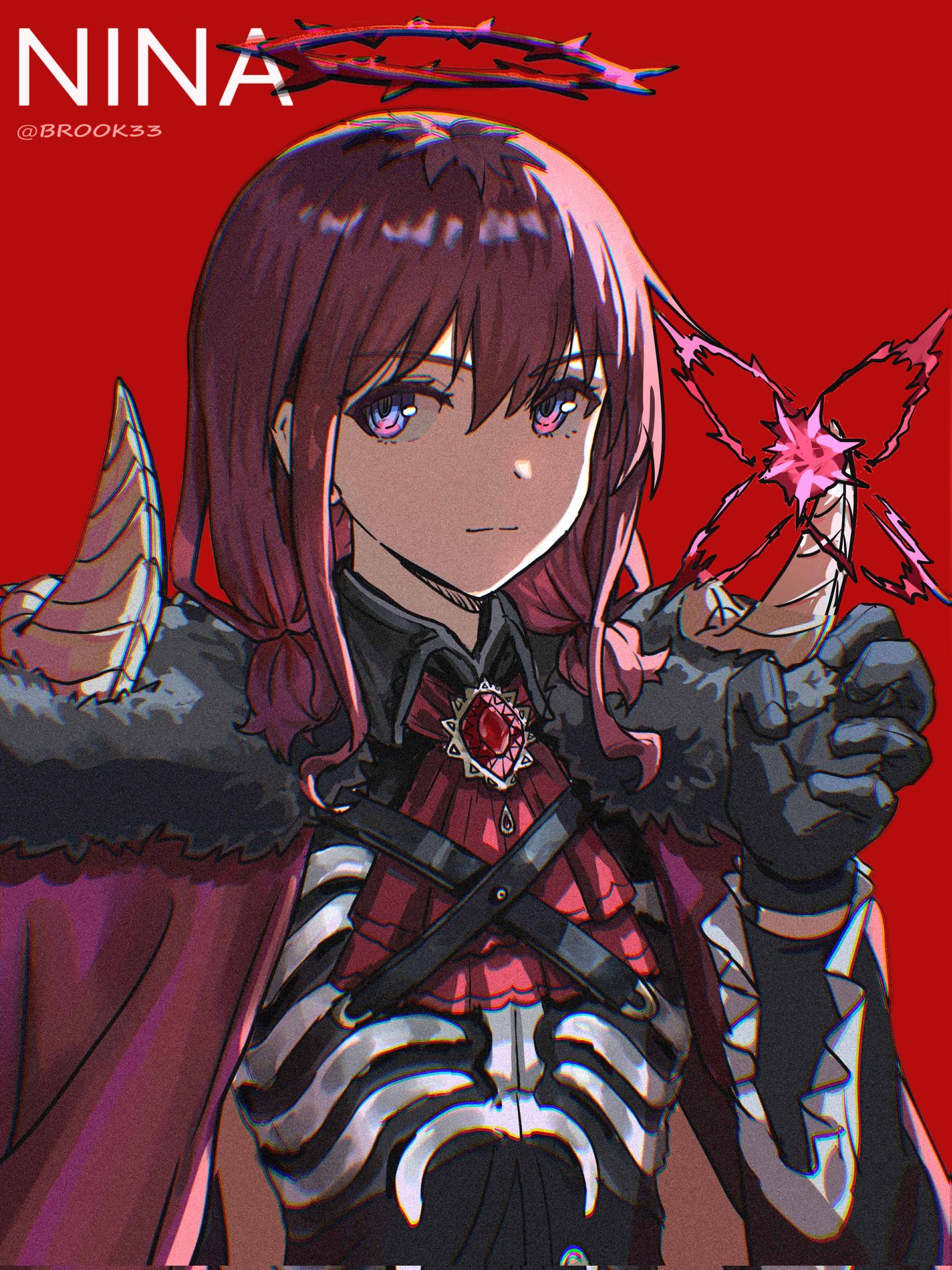 33brook33, iseri nina, girls band cry, girls band cry rpg, commentary, highres, symbol-only commentary, 1girl, black gloves, blue eyes, brooch, cape, character name, closed mouth, gloves, hair between eyes, halo, horns, jewelry, looking at viewer, low twintails, medium hair, multicolored hair, red background, red cape, red hair, roots (hair), sidelocks, simple background, solo, twintails, upper body