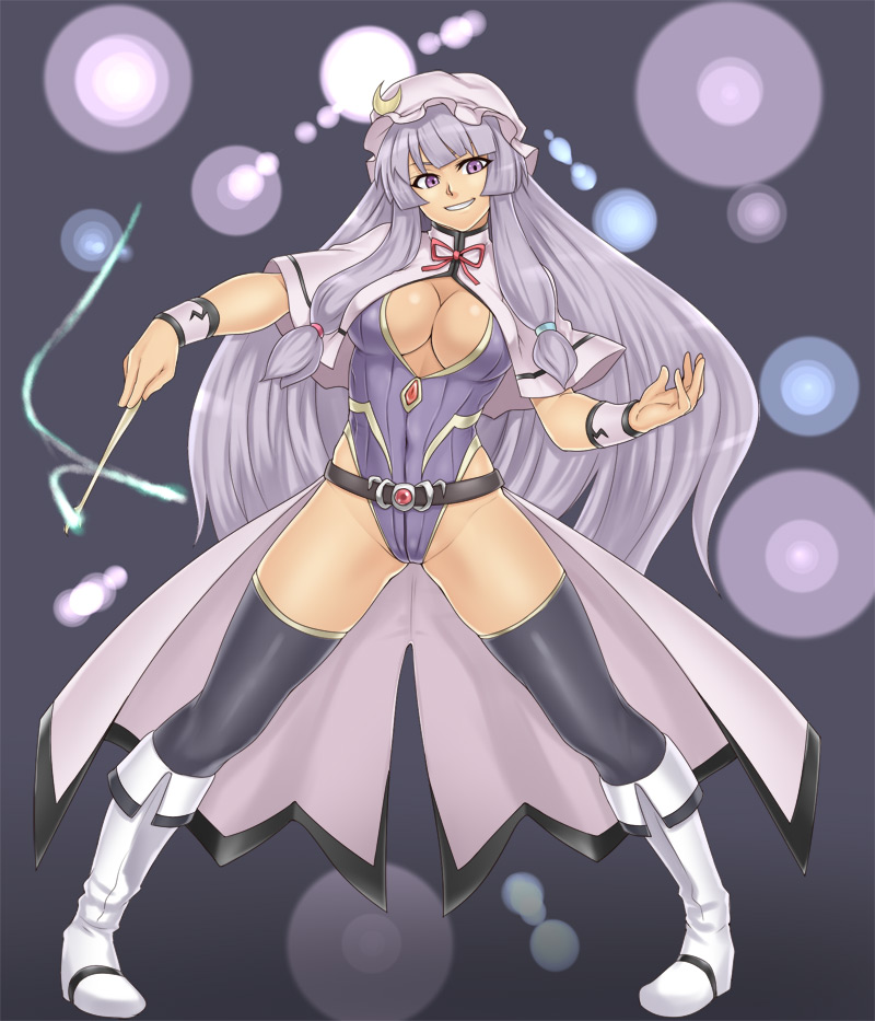 houtengeki, patchouli knowledge, touhou, duplicate, 1girl, boots, breasts, cleavage, female focus, full body, knee boots, long hair, solo, thighhighs, very long hair