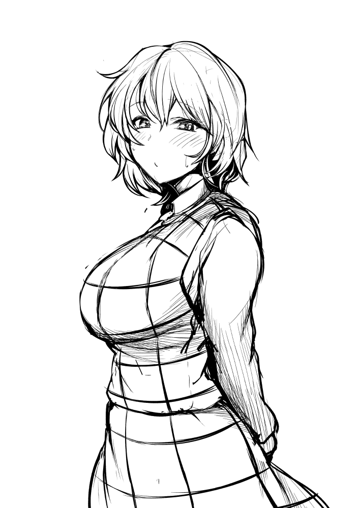 sadahiro (chicken nugget gyuuniku aji), kazami yuuka, touhou, commentary request, 1girl, blush, breasts, closed mouth, cowboy shot, gingham skirt, gingham vest (clothing), greyscale, hair between eyes, large breasts, long sleeves, looking at viewer, looking to the side, monochrome, short hair, simple background, skirt, skirt set, solo, vest