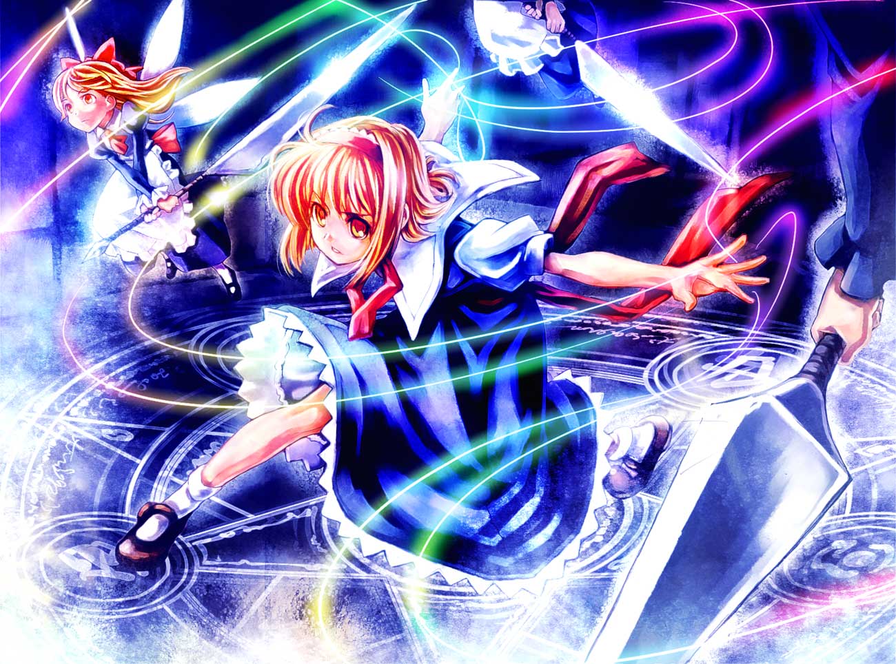 sakino shingetsu, alice margatroid, shanghai doll, touhou, 1girl, 4girls, blonde hair, doll, female focus, hairband, knife, lance, magic circle, multiple girls, polearm, ribbon, short hair, solo, spear, standing, string, sword, weapon, wings, yellow eyes