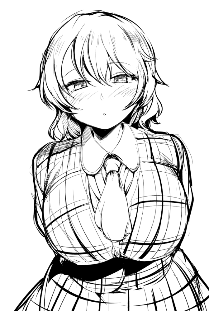 sadahiro (chicken nugget gyuuniku aji), kazami yuuka, touhou, commentary request, 1girl, ascot, blush, breasts, closed mouth, collared shirt, large breasts, leaning forward, long sleeves, looking at viewer, plaid clothes, plaid skirt, plaid vest, shirt, short hair, simple background, sketch, skirt, skirt set, solo, upper body, vest