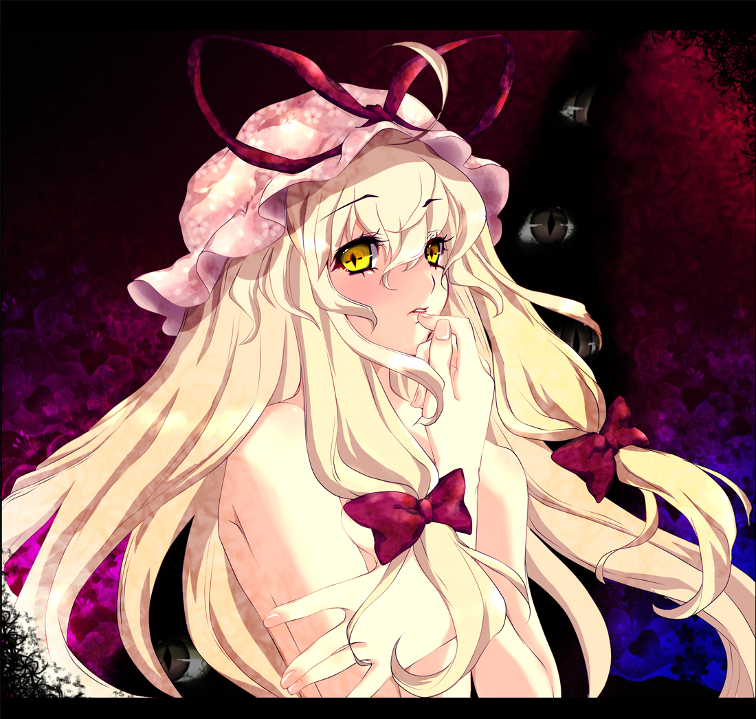 ayase non, yakumo yukari, touhou, bad id, bad pixiv id, 1girl, blonde hair, female focus, gap (touhou), hair ribbon, hat, long hair, nude, ribbon, solo, yellow eyes