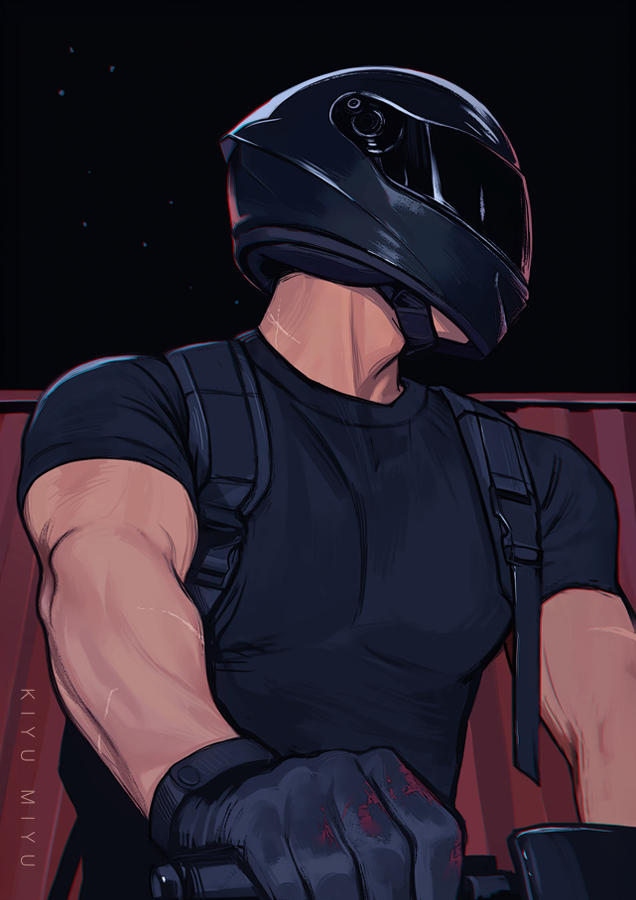 original, commentary, english commentary, 1boy, black shirt, covered pectorals, crew neck, helmet, male focus, miyu kiyu, motor vehicle, motorcycle, night, night sky, on motorcycle, outdoors, pectorals, shirt, short sleeves, sky, solo, toned, toned male, upper body