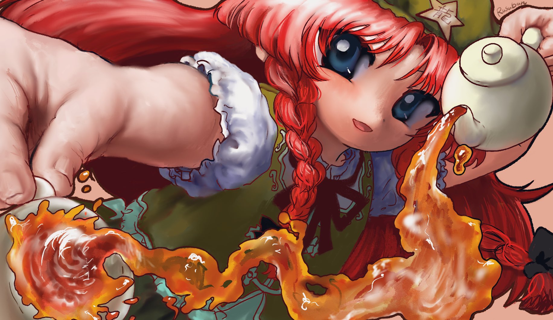 rusuban (yakumora n), hong meiling, touhou, highres, 1girl, black bow, black ribbon, blue eyes, bow, cup, green hat, green vest, hat, hat ornament, holding, holding cup, holding teapot, long hair, looking at viewer, neck ribbon, open mouth, perspective, pouring, puffy short sleeves, puffy sleeves, red hair, ribbon, short sleeves, smile, solo, star (symbol), star hat ornament, teapot, vest