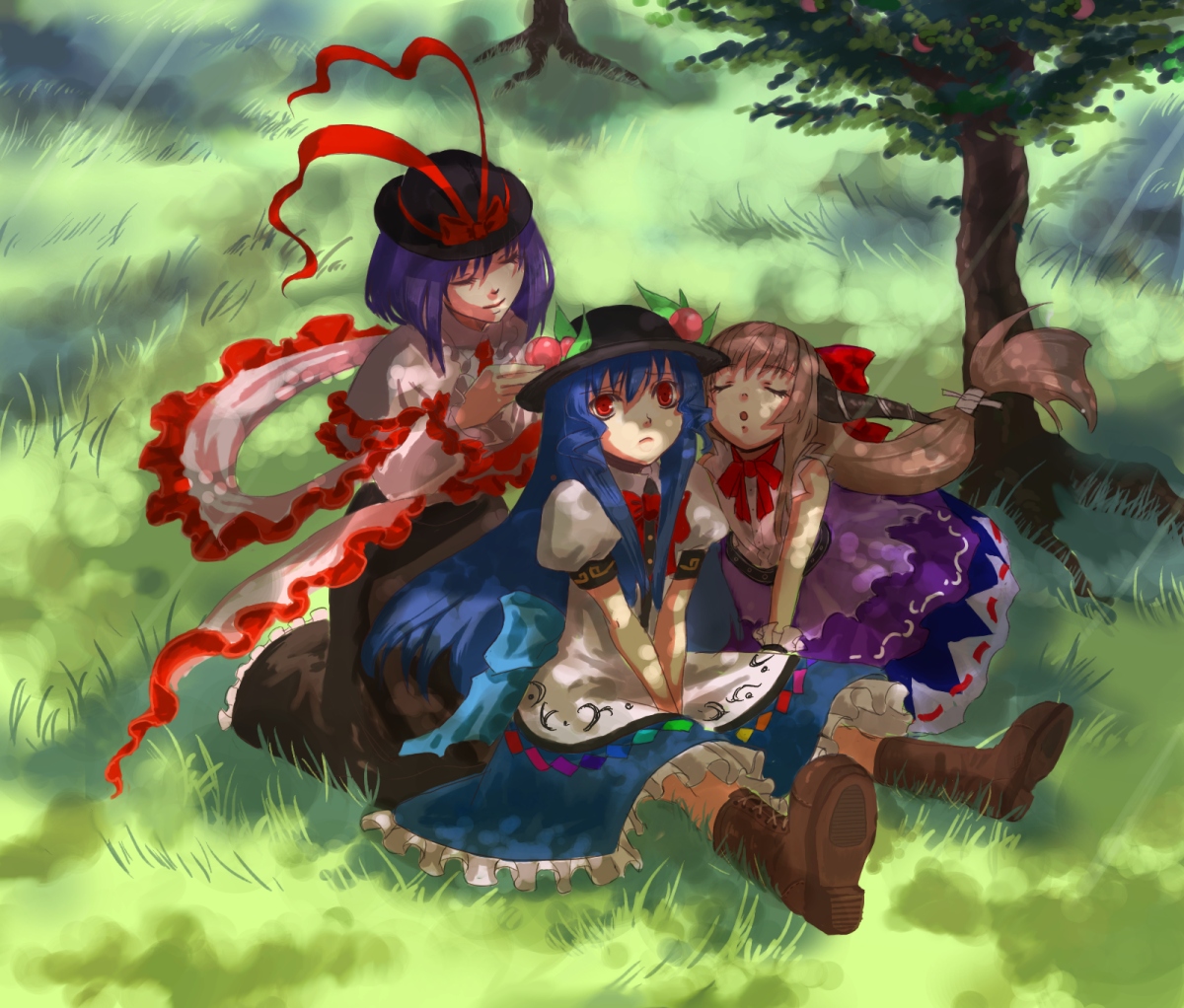 vica, hinanawi tenshi, ibuki suika, nagae iku, touhou, 3girls, blue hair, brown hair, female focus, food, fruit, hat, horns, long hair, multiple girls, peach, purple hair, red eyes, short hair