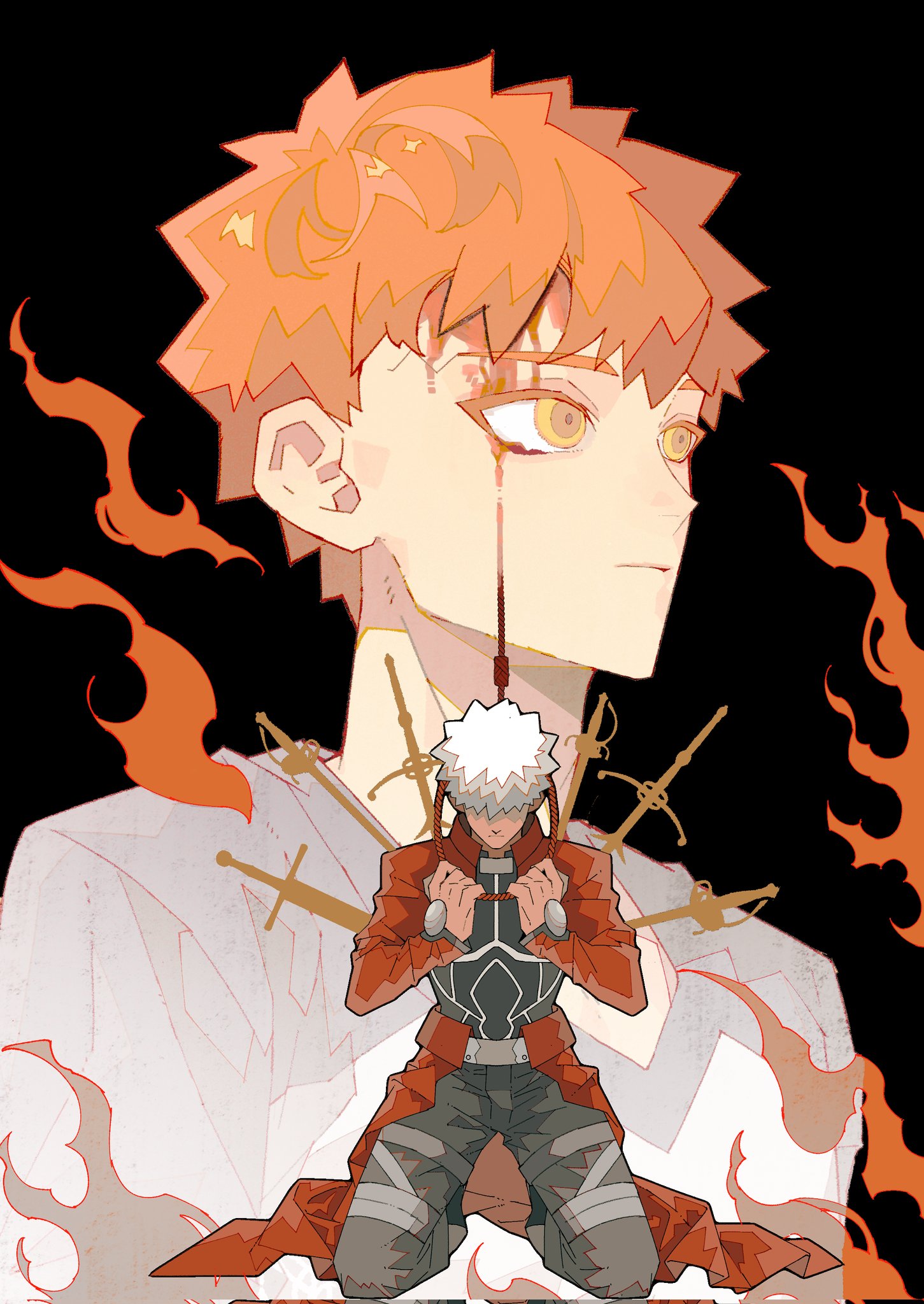 momo 007, archer (fate), emiya shirou, fate/stay night, fate (series), highres, 2boys, armor, coat, dual persona, male focus, multiple boys, red coat, red hair, rope, sword, weapon, white hair
