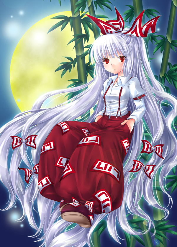 ogakuru, fujiwara no mokou, touhou, silver hair, 1girl, bow, female focus, full body, hair bow, hair ribbon, long hair, multiple hair bows, outdoors, plant, red eyes, ribbon, sky, solo, suspenders, tree