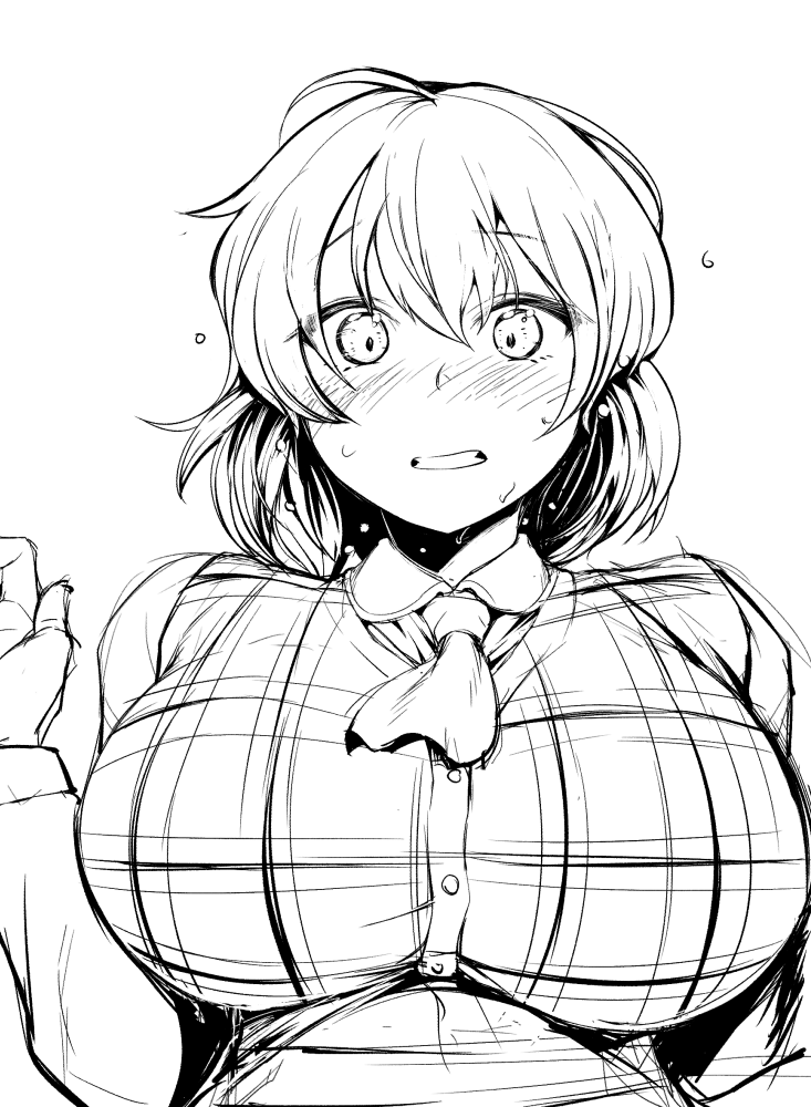 sadahiro (chicken nugget gyuuniku aji), kazami yuuka, touhou, commentary request, 1girl, ascot, blush, breasts, buttons, collared shirt, greyscale, large breasts, long sleeves, looking at viewer, monochrome, open mouth, plaid clothes, plaid vest, shirt, short hair, simple background, solo, upper body, vest