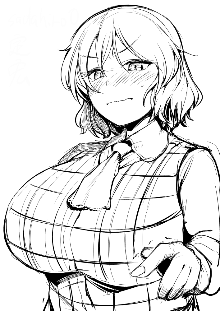 sadahiro (chicken nugget gyuuniku aji), kazami yuuka, touhou, commentary request, 1girl, ascot, blush, breasts, closed mouth, collared shirt, frown, greyscale, huge breasts, long sleeves, looking at viewer, monochrome, nose blush, plaid clothes, plaid vest, shirt, short hair, simple background, solo, trembling, upper body, v-shaped eyebrows, vest, wavy mouth