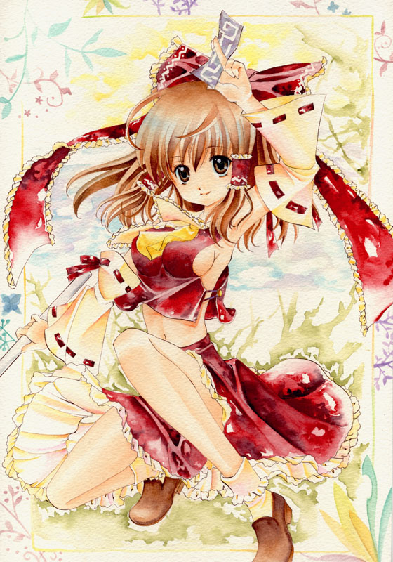 chinako, hakurei reimu, touhou, painting (medium), traditional media, watercolor (medium), 1girl, bow, breasts, brown eyes, brown hair, detached sleeves, female focus, japanese clothes, miko, short hair, sideboob, solo