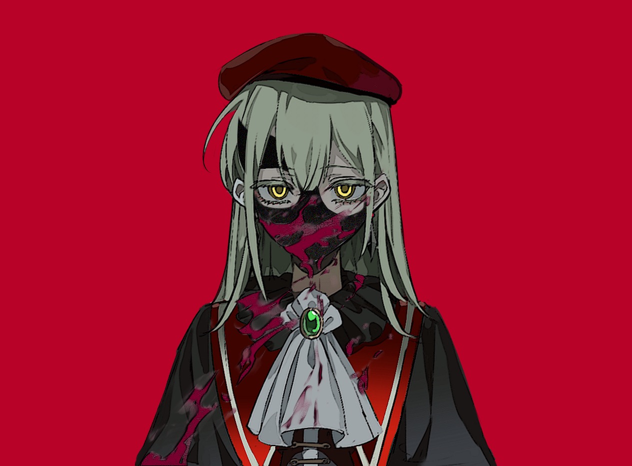 ne2op, mortis (bang dream!), mortis (costume) (bang dream!), wakaba mutsumi, bang dream!, bang dream! it's mygo!!!!!, chinese commentary, commentary request, 1girl, ascot, beret, black capelet, black mask, blood, blood on clothes, blood on face, brooch, capelet, green hair, hat, jewelry, long hair, looking at viewer, mask, mouth mask, red background, red hat, simple background, solo, upper body, white ascot, yellow eyes