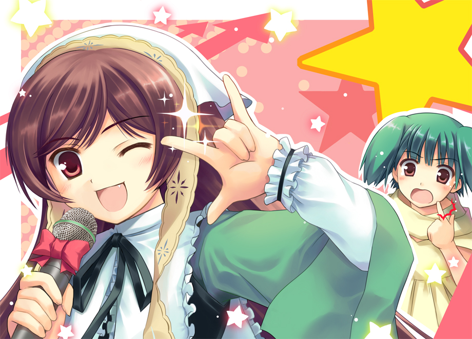 hinooka shuuji, ranka lee, suiseiseki, macross, macross frontier, rozen maiden, ;d, m/, brown hair, crossover, fang, headscarf, microphone, one eye closed, open mouth, parody, red eyes, seikan hikou, smile, star (symbol), white headscarf, wink
