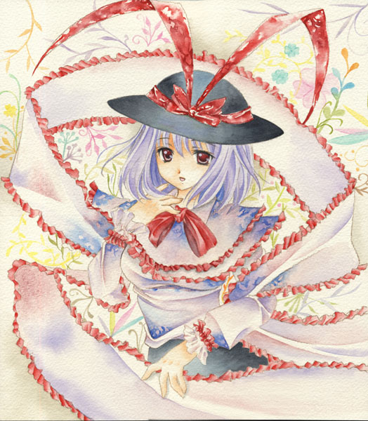 chinako, nagae iku, touhou, nib pen (medium), painting (medium), pen (medium), traditional media, watercolor (medium), 1girl, capelet, female focus, frills, hat, purple hair, red eyes, scarf, shawl, short hair, solo