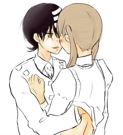 death the kid, maka albarn, soul eater, lowres, 00s, black hair, blonde hair, blush, jacket, smile, twintails