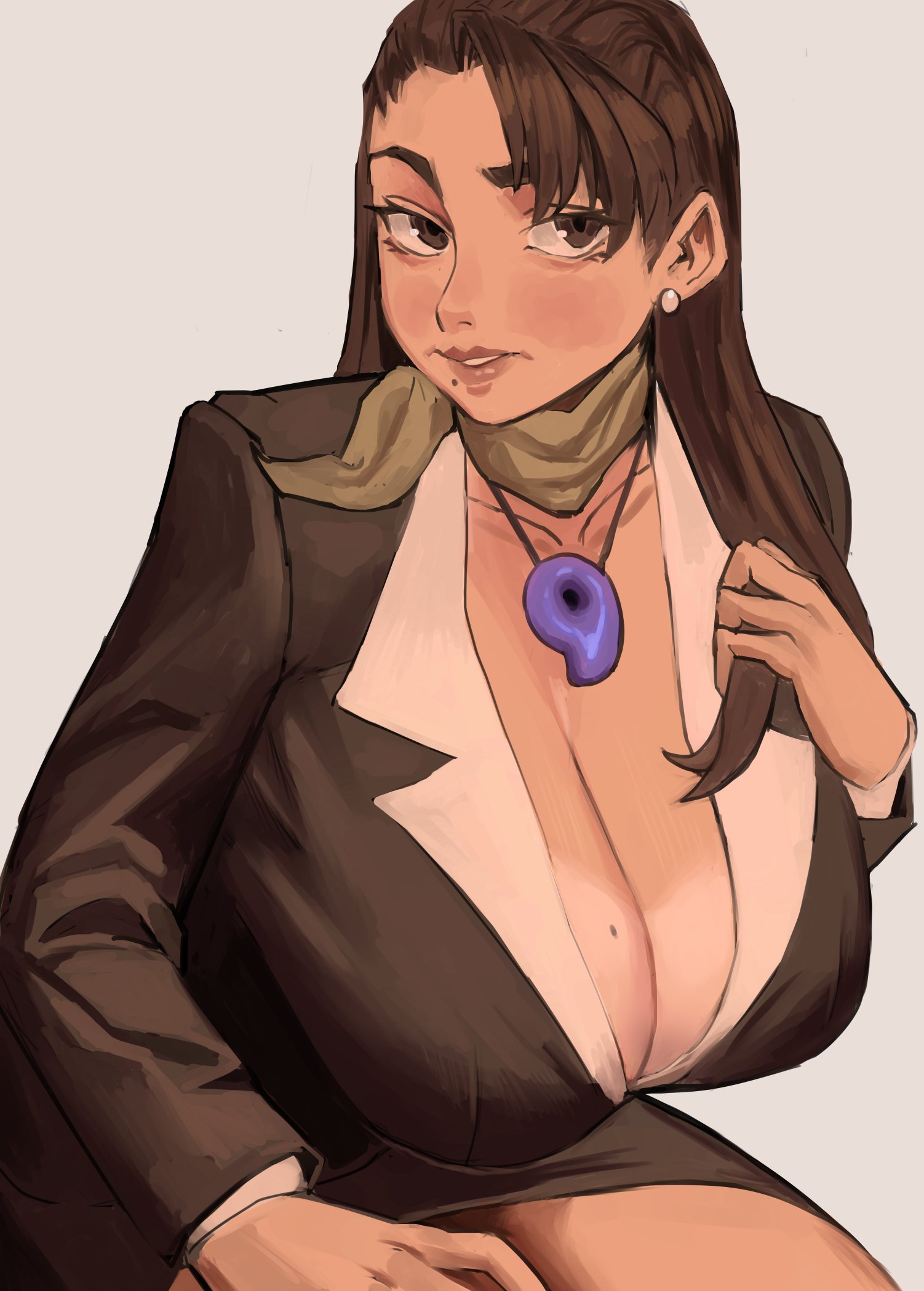 dairenke art, mia fey, ace attorney, highres, 1girl, breasts, business suit, dress suit, formal clothes, jewelry, large breasts, magatama, magatama necklace, mole, mole on breast, mole under mouth, necklace, scarf, suit, yellow scarf