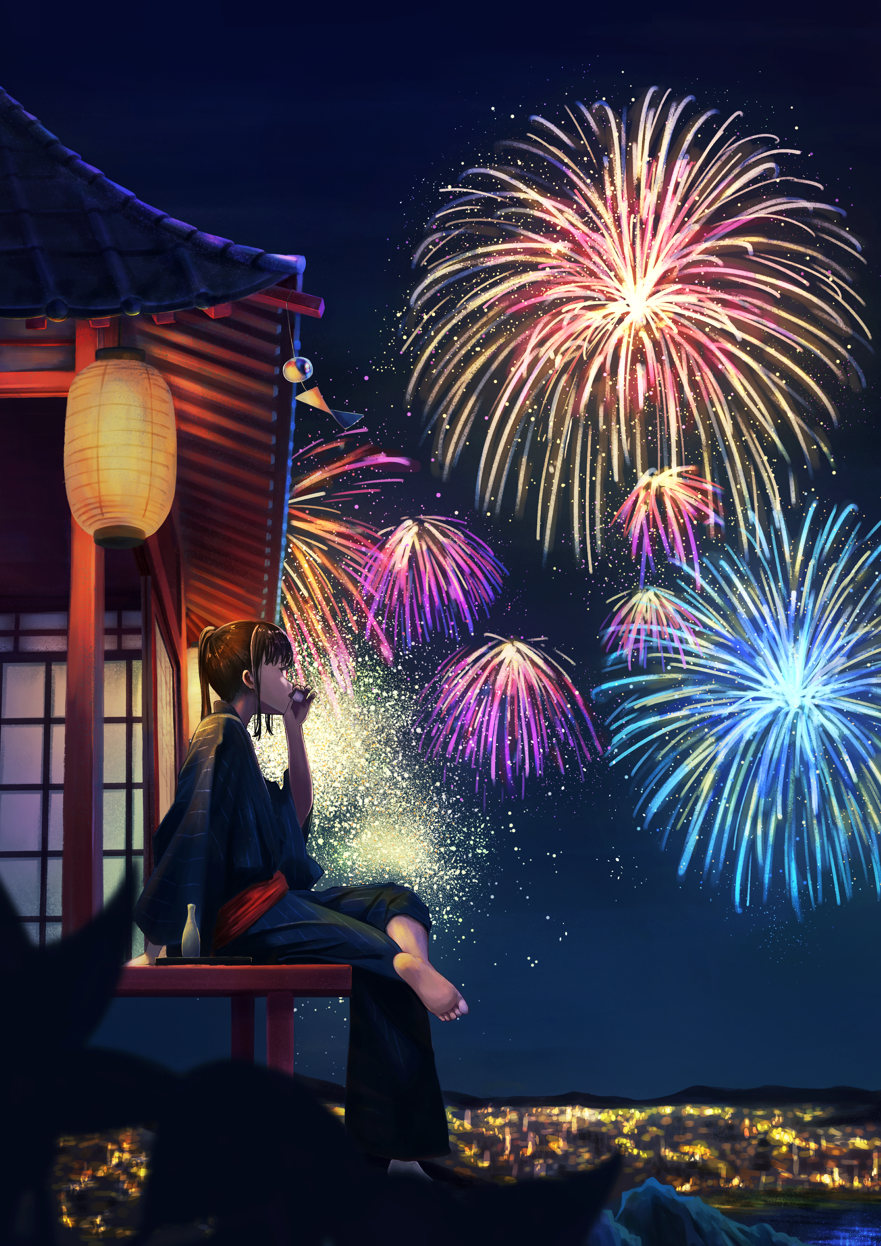 yamada kotaro77, original, absurdres, commentary request, highres, 1girl, architecture, barefoot, black hair, black kimono, blunt bangs, building, city, cup, east asian architecture, feet, fireworks, full body, holding, holding cup, japanese clothes, kimono, lantern, long sleeves, night, night sky, no shoes, obi, open mouth, outdoors, parted lips, red sash, sash, scenery, short hair, sky, solo, yukata