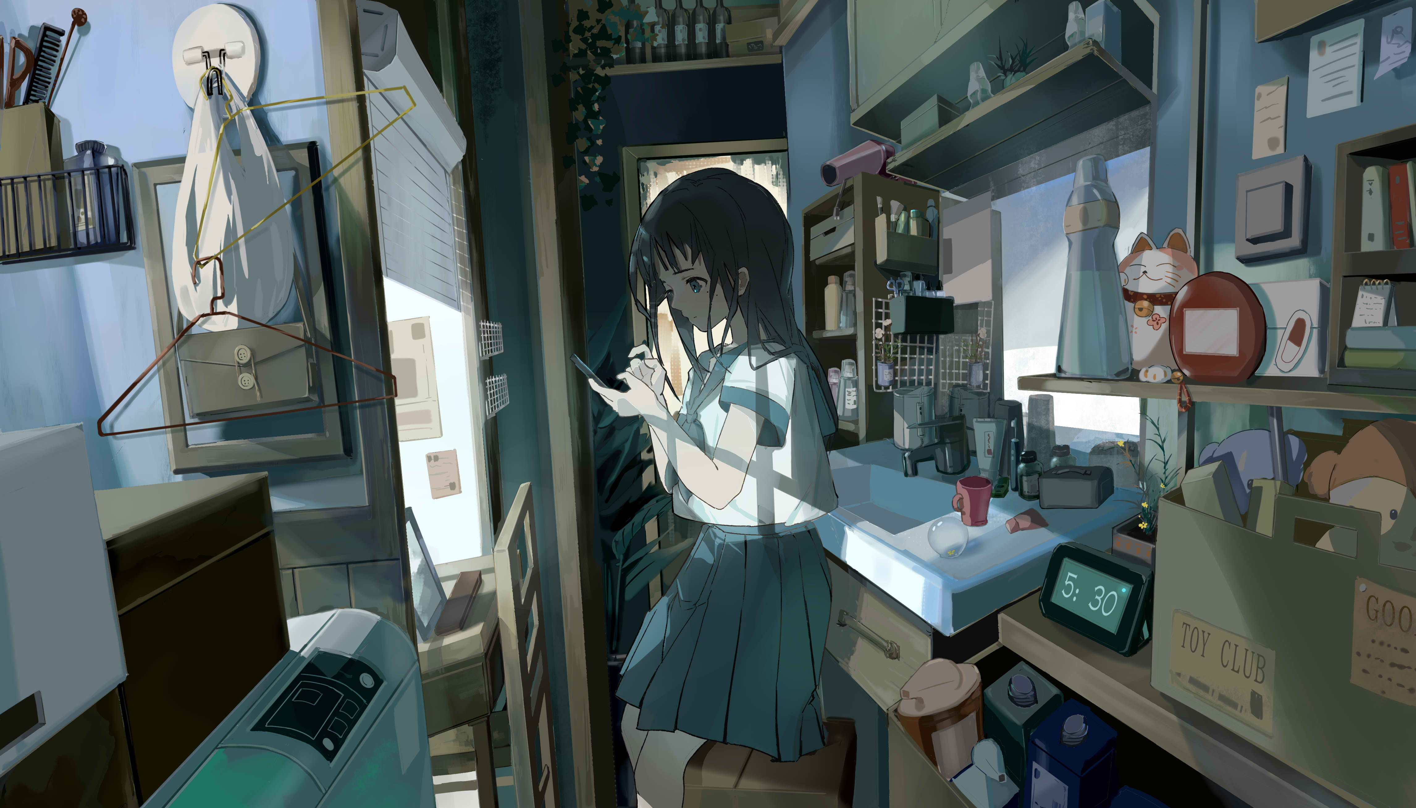yuanti niao, original, absurdres, commentary request, highres, 1girl, alarm clock, alcohol, beer, black hair, black skirt, blunt bangs, book, bookshelf, box, cellphone, chair, clock, closed mouth, day, desk, dress, faucet, frilled dress, frilled skirt, frills, holding, holding phone, looking at object, looking at phone, machine, medium hair, mirror, paper, phone, photo (object), pleated dress, pleated skirt, scenery, school uniform, scissors, shadow, shampoo, shampoo bottle, shelf, shirt, short sleeves, sink, sitting, sitting on object, skirt, slice of life, solo, standing, sunlight, table, washing machine, white shirt