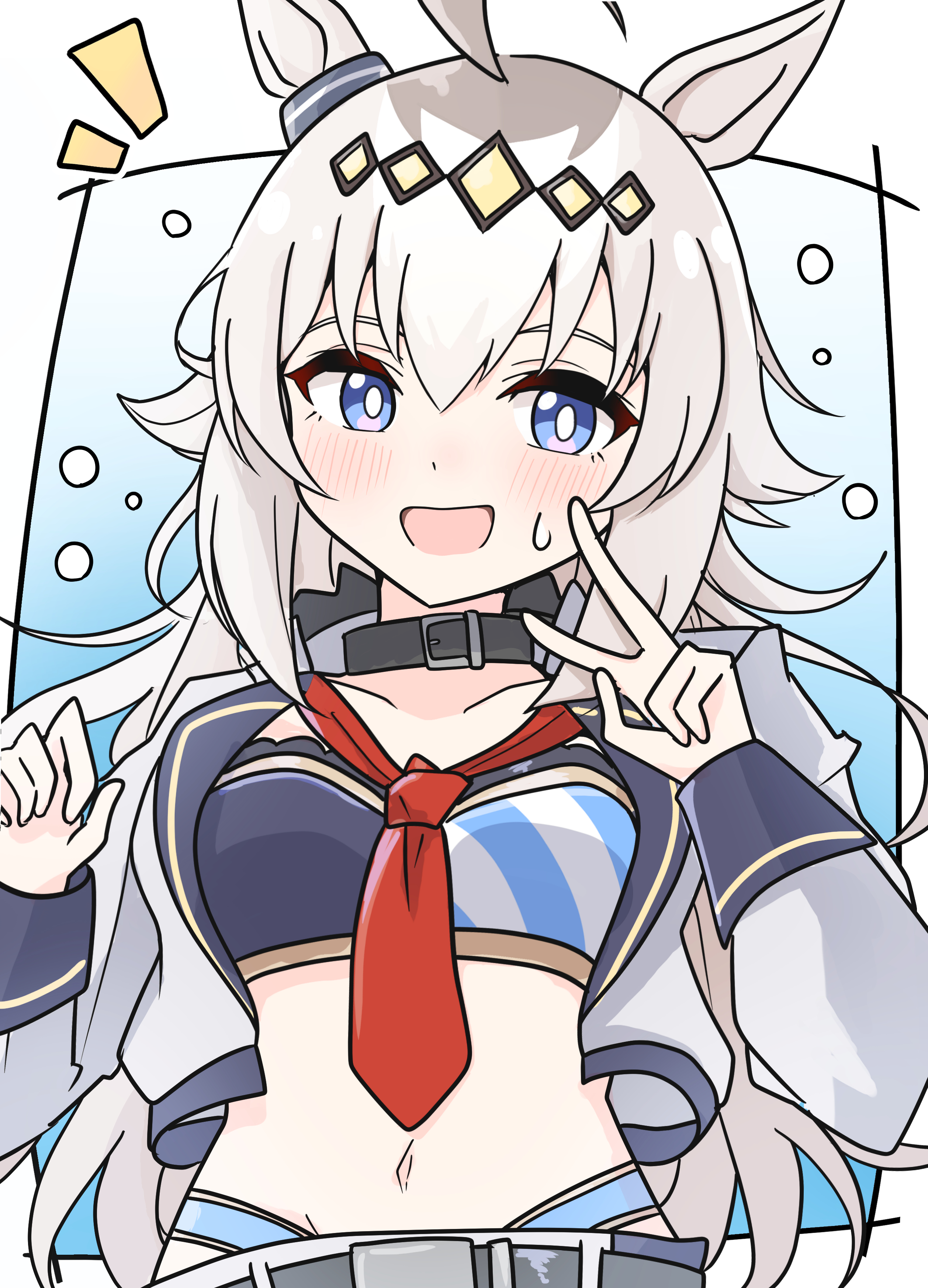 arnolddayo, oguri cap (umamusume), umamusume, umamusume: cinderella gray, absurdres, highres, 1girl, ahoge, animal ears, bandeau, black choker, blue eyes, blush, breasts, choker, collarbone, ear ornament, grey hair, hair between eyes, hair ornament, hairband, horse ears, horse girl, jacket, long hair, long sleeves, looking at viewer, multicolored hair, navel, necktie, open clothes, open jacket, open mouth, panties, pantyshot, red necktie, smile, solo, stomach, sweatdrop, underwear, upper body, v, white jacket