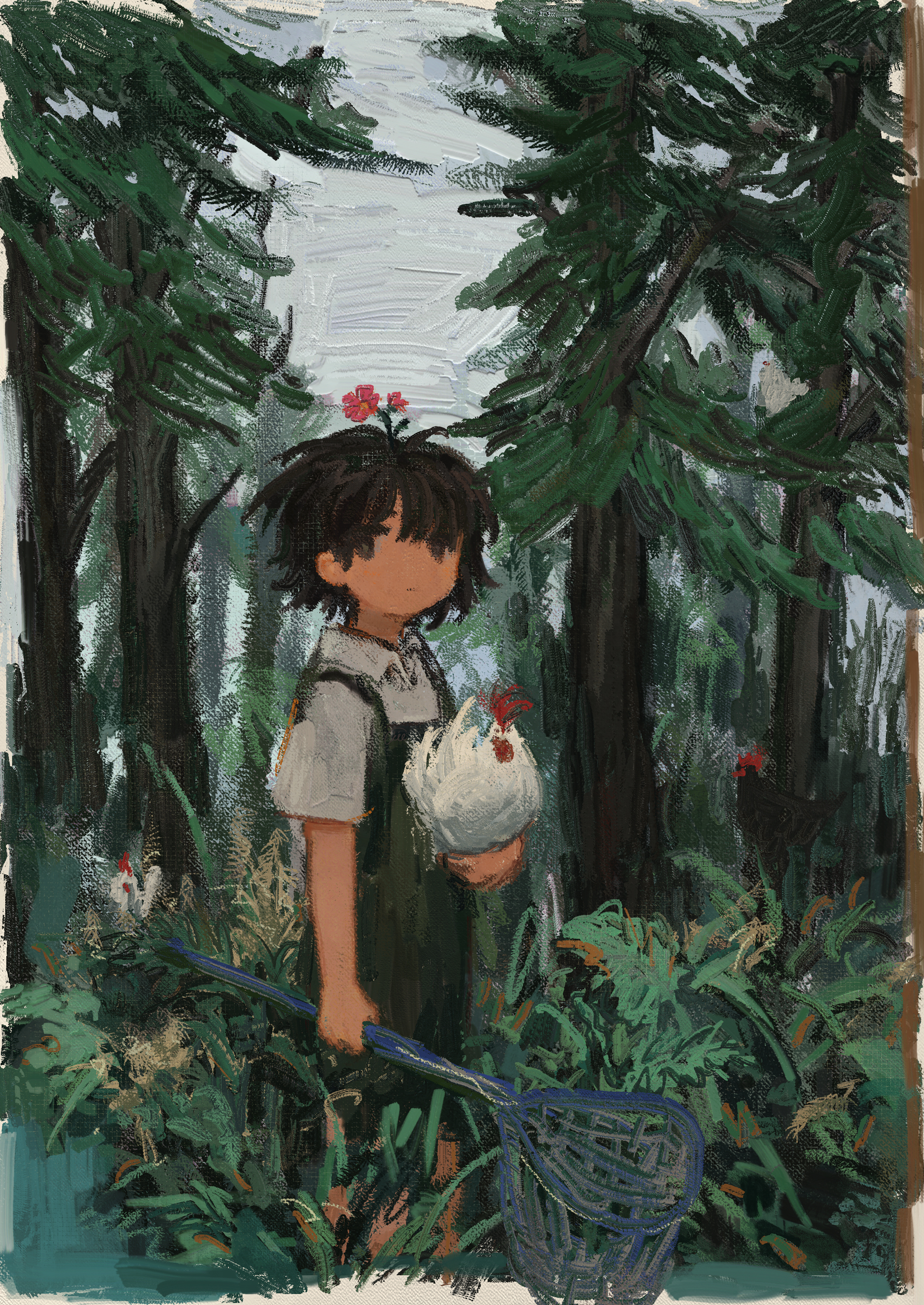ciel (paradis47), original, absurdres, highres, 1girl, animal, bird, black eyes, black hair, chicken, closed mouth, day, expressionless, forest, grass, hair ornament, holding, holding animal, looking at viewer, nature, on grass, outdoors, plant, scenery, shirt, short hair, short sleeves, sky, solo, standing, sunlight, swept bangs, tree, white shirt
