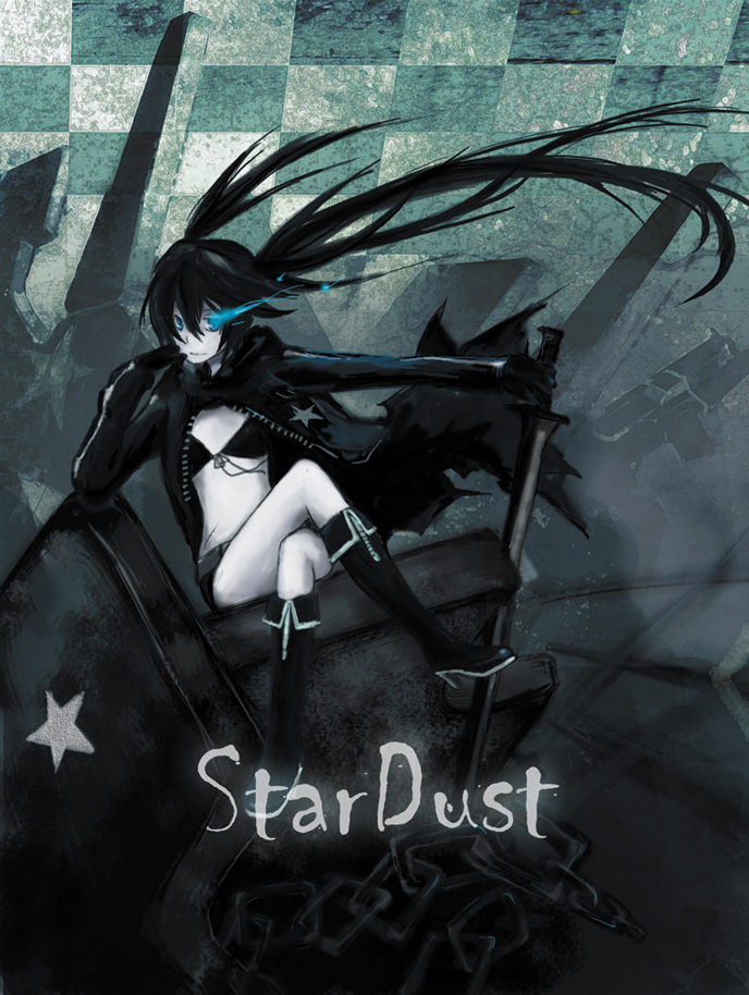 hatorihaze, black rock shooter (character), black rock shooter, bad id, bad pixiv id, 10s, belt, black hair, blue eyes, boots, chain, gloves, glowing, glowing eyes, long hair, smile, solo, twintails