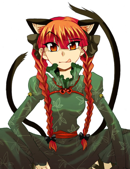 hira3, hirafumi, kaenbyou rin, touhou, 1girl, animal ears, braid, cat ears, cat girl, cat tail, female focus, hair ribbon, multiple tails, red eyes, red hair, ribbon, short hair, simple background, solo, squatting, tail, twin braids, twintails, white background
