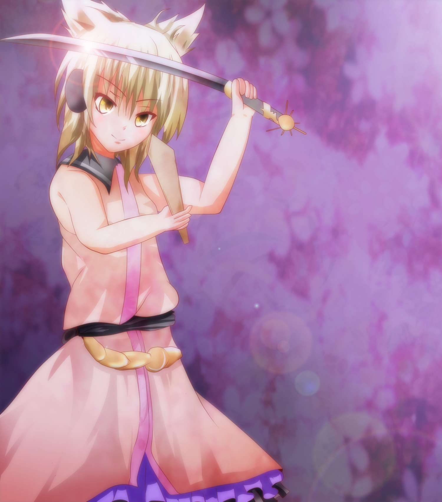 zoirun, toyosatomimi no miko, touhou, highres, 1girl, animal ears, bare shoulders, belt, blonde hair, breasts, closed mouth, dress, earmuffs, fox ears, frilled dress, frills, holding, holding sword, holding weapon, looking at viewer, pink background, pink dress, pink skirt, shirt, short hair, skirt, sleeveless, sleeveless shirt, small breasts, smile, solo, sword, weapon, yellow eyes