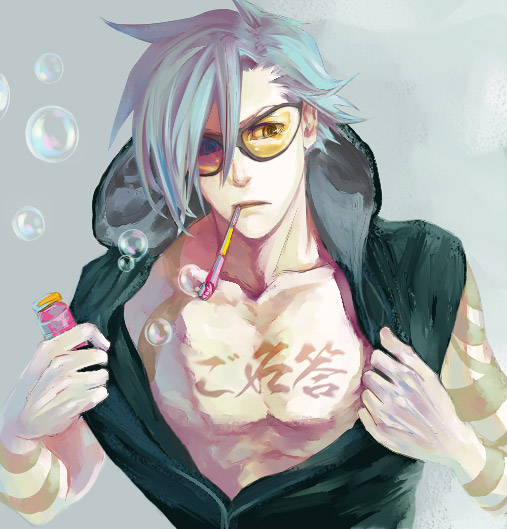 numeri (pixiv), kamina (ttgl), tengen toppa gurren lagann, translation request, 00s, 1boy, blue hair, bodypaint, bubble, gradient background, hood, male focus, solo, sunglasses, tattoo, upper body