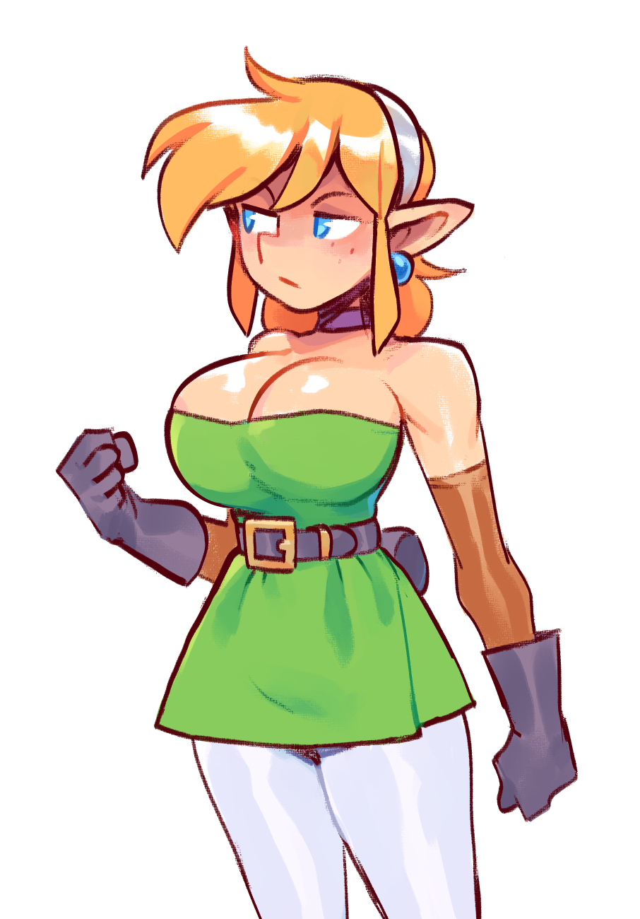 brellom, link, nintendo, the legend of zelda, commentary, english commentary, highres, 1girl, :/, belt, blonde hair, blue eyes, breasts, brown arm warmers, cleavage, clenched hands, closed mouth, cowboy shot, earrings, genderswap, genderswap (mtf), gloves, green tunic, hairband, jewelry, large breasts, leggings, medium hair, mole, mole under eye, mullet, pointy ears, purple belt, purple gloves, simple background, sleeveless tunic, solo, strapless, tunic, v-shaped eyebrows, white background, white hairband, white leggings