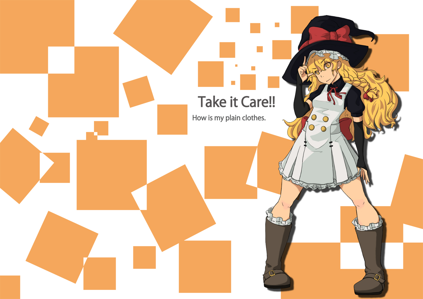 hatimitu umebosi, kirisame marisa, touhou, 1girl, blonde hair, boots, braid, dress, english text, engrish text, female focus, hat, long hair, ranguage, solo, white background, witch, witch hat, yellow eyes