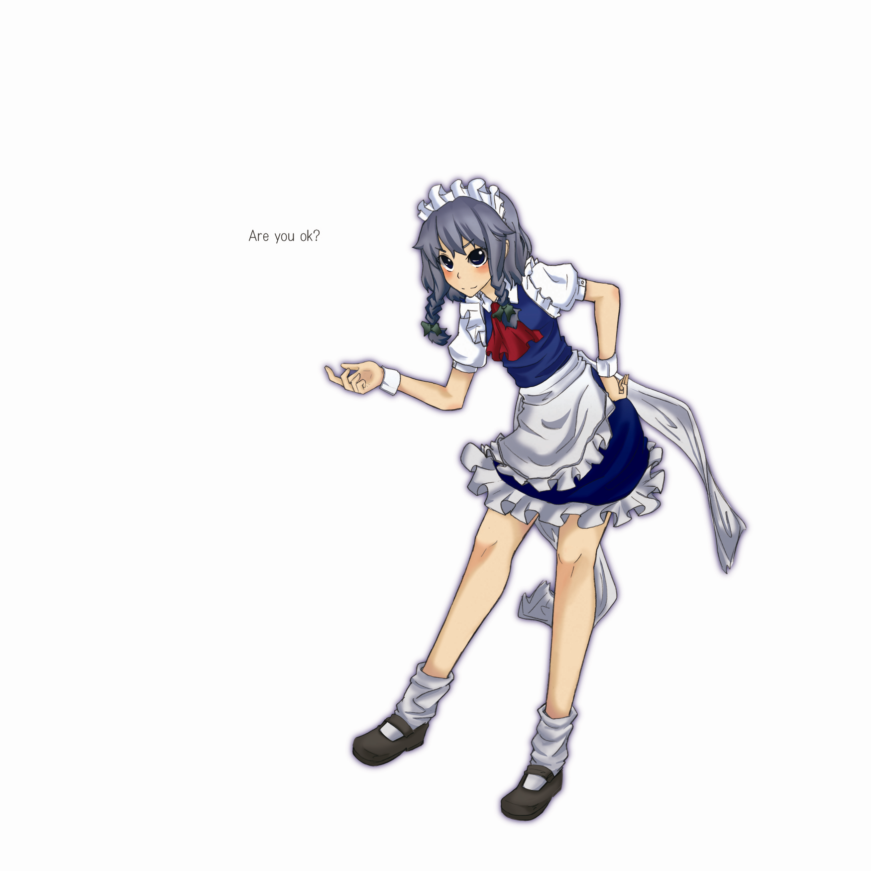 hatimitu umebosi, izayoi sakuya, touhou, silver hair, highres, 1girl, blue eyes, braid, female focus, maid, mary janes, shoes, short hair, solo, twin braids, white background