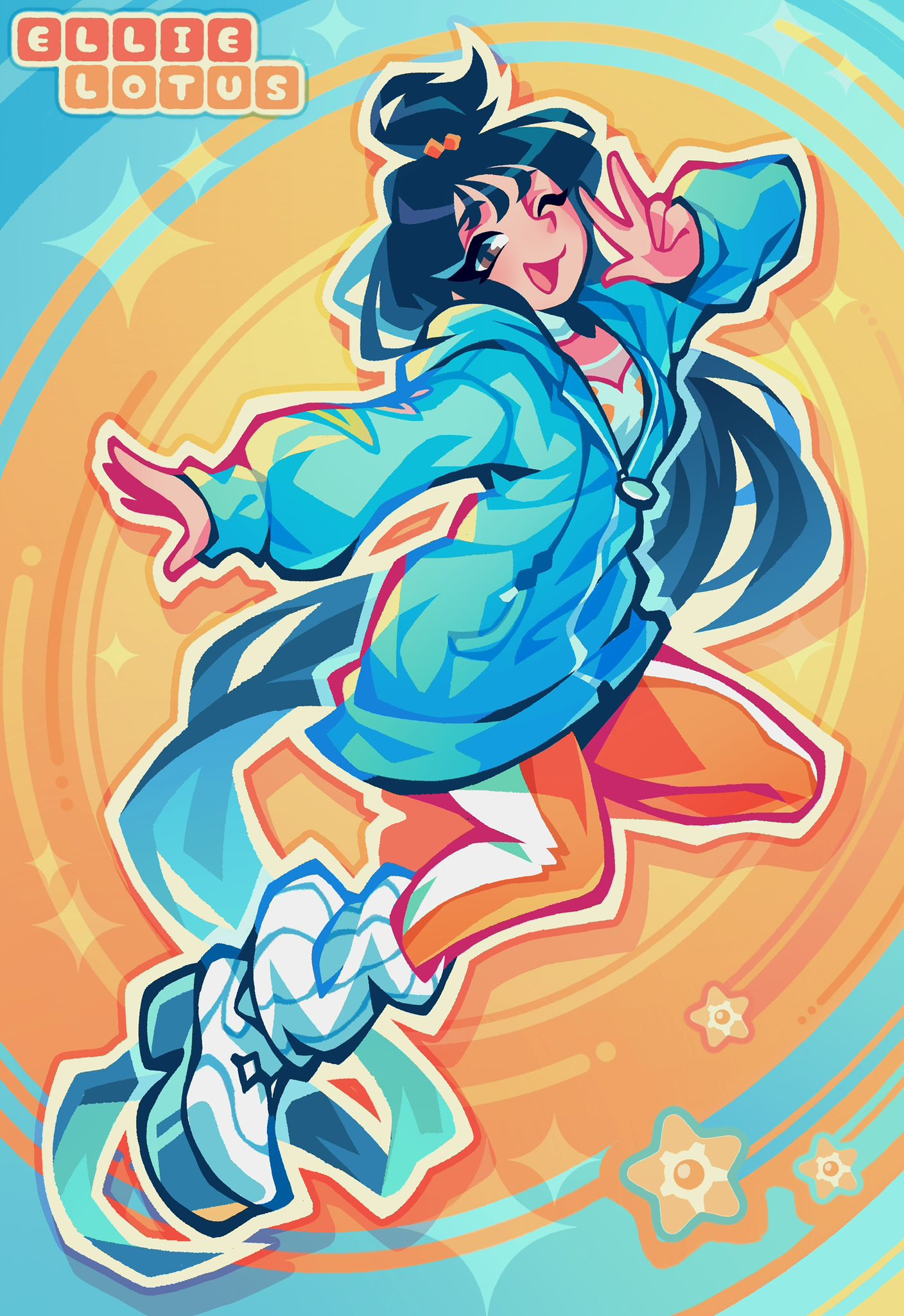 ellie lotus, lida (pokemon), staryu, nintendo, pokemon, pokemon legends: z-a, highres, 1girl, black hair, blue hoodie, cube hair ornament, gen 1 pokemon, grey eyes, hair ornament, hood, hood down, hoodie, jacket, leggings, long hair, long sleeves, looking at viewer, one eye closed, open mouth, orange leggings, pokemon (creature), ribbed socks, shirt, shoes, smile, socks, topknot, two-tone legwear, v, white leggings, white shirt, white socks, wispy bangs