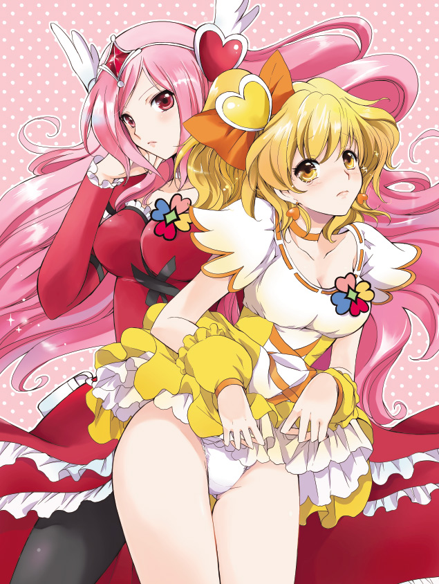 akina tsukako, cure passion, cure pine, higashi setsuna, yamabuki inori, fresh precure!, precure, 00s, 2girls, blonde hair, blush, clothes lift, dress, dress lift, earrings, hair ornament, heart, heart hair ornament, jewelry, long hair, magical girl, multiple girls, panties, pantyhose, pink hair, red eyes, short hair, tears, underwear, yellow eyes