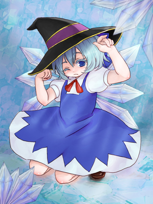 lr hijikata, lr sayou, cirno, embodiment of scarlet devil, touhou, bad id, bad pixiv id, 1girl, blue eyes, blue hair, bow, female focus, hat, ice, matching hair/eyes, short hair, solo, wings, witch hat