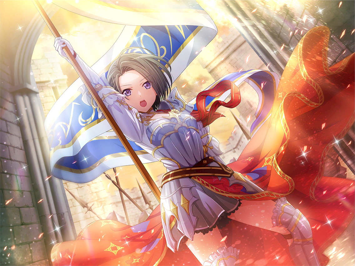 jeanne d'arc, minase suzu, real life, shoujo kageki revue starlight, shoujo kageki revue starlight -re live-, game cg, official art, 1girl, arm up, armor, cosplay, dress, flag, forehead, gloves, grey hair, grey skirt, holding, holding flag, jeanne d'arc (cosplay), knee armor, looking at viewer, open mouth, polearm, purple eyes, short hair, shoulder armor, skirt, solo, spear, standing, upper body, weapon, white dress, white gloves