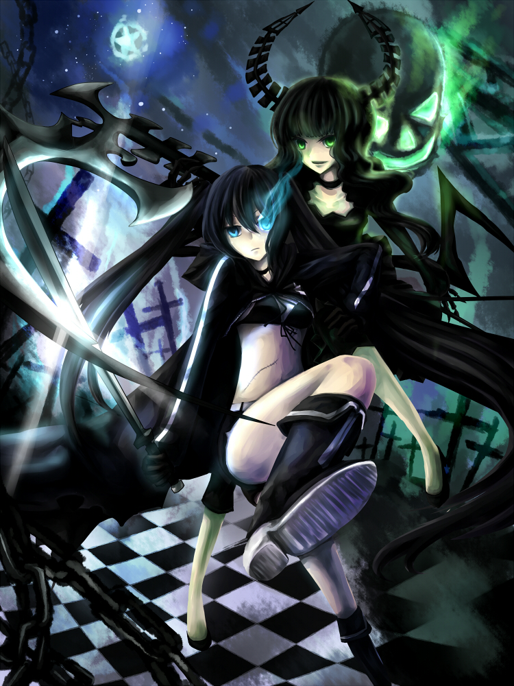 dsakuraff, black rock shooter (character), dead master, black rock shooter, 10s, belt, black hair, blue eyes, boots, chain, curly hair, gloves, glowing, glowing eyes, green eyes, horns, long hair, scar, skull, twintails, wings