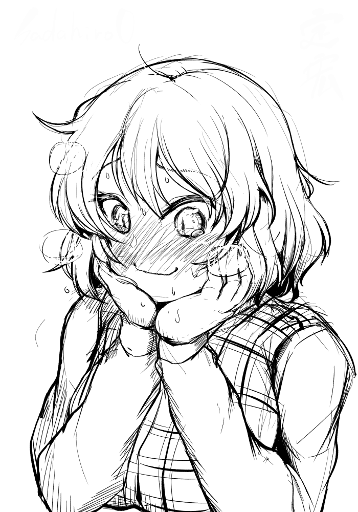 sadahiro (chicken nugget gyuuniku aji), kazami yuuka, touhou, commentary request, 1girl, blush, closed mouth, greyscale, hands on own cheeks, hands on own face, long sleeves, monochrome, nose blush, plaid clothes, plaid vest, raised eyebrows, short hair, simple background, sketch, smile, solo, upper body, vest