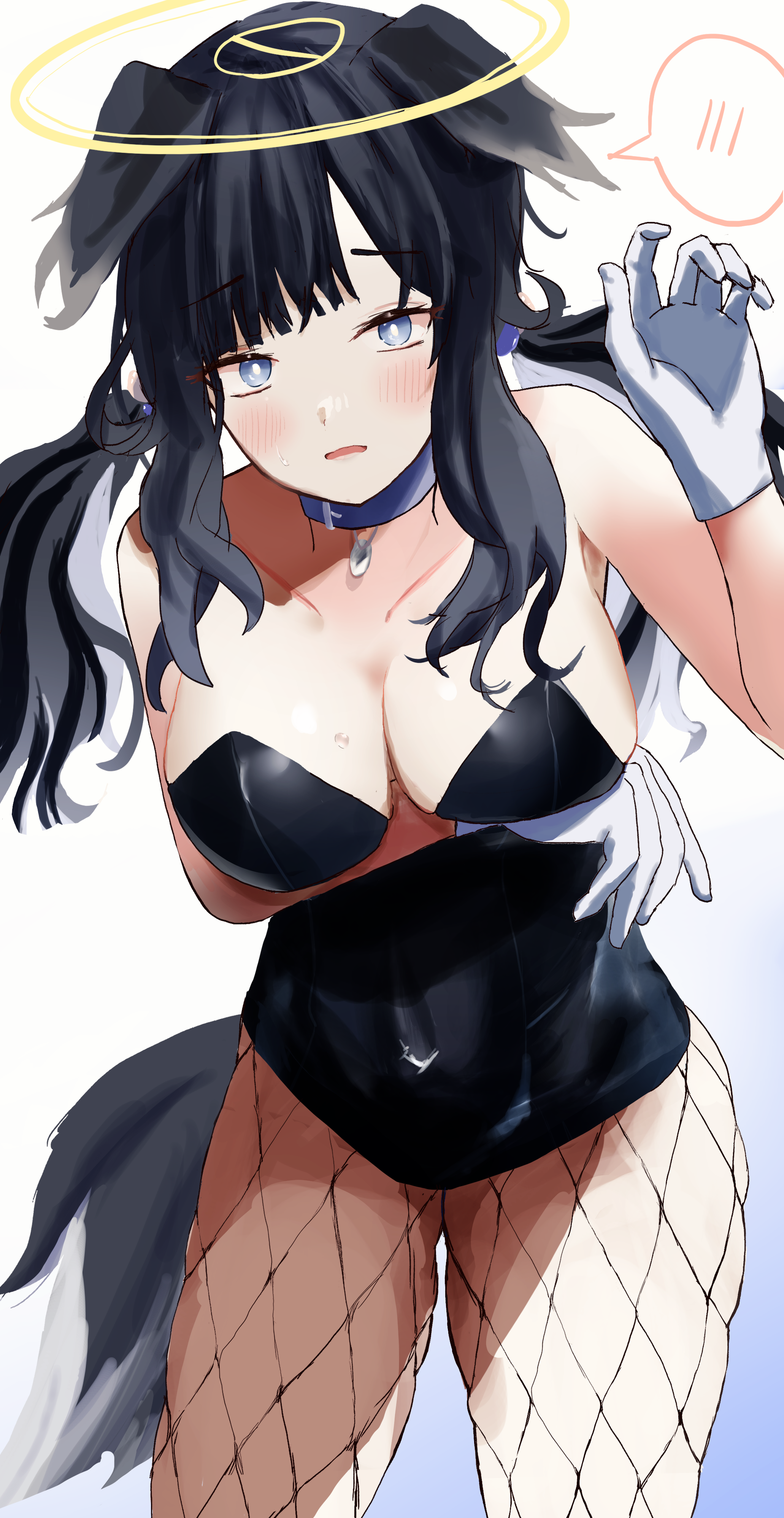 hibiki (blue archive), blue archive, absurdres, highres, 1girl, animal ears, black hair, blue eyes, breasts, dog ears, dog girl, dog tail, engineering department (blue archive), glai com8, halo, large breasts, looking at viewer, simple background, solo, tail, yellow halo
