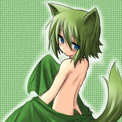 deku (dekunosu), original, lowres, 1girl, animal ears, bed sheet, blue eyes, dog ears, female focus, from behind, green hair, looking back, naked sheet, nude, solo, tail