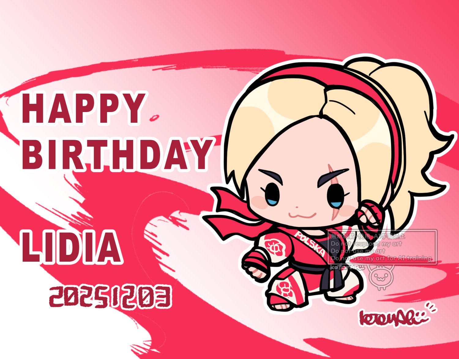 kotorai, lidia sobieska, tekken, commentary request, 1girl, :3, blonde hair, blue eyes, character name, chibi, chibi only, clenched hands, dated, dot nose, dougi, fighting stance, full body, hairband, happy birthday, long hair, martial arts belt, outline, ponytail, red hairband, scar, scar across eye, scar on face, signature, solo, watermark, white outline