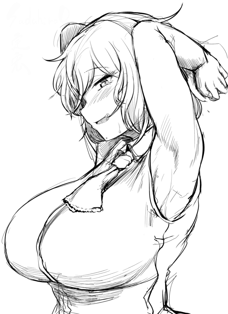 sadahiro (chicken nugget gyuuniku aji), kazami yuuka, touhou, commentary request, 1girl, armpits, arms up, ascot, blush, breasts, collared shirt, from side, greyscale, large breasts, looking at viewer, looking to the side, monochrome, open mouth, shirt, short hair, simple background, sketch, sleeveless, sleeveless shirt, smile, solo, upper body
