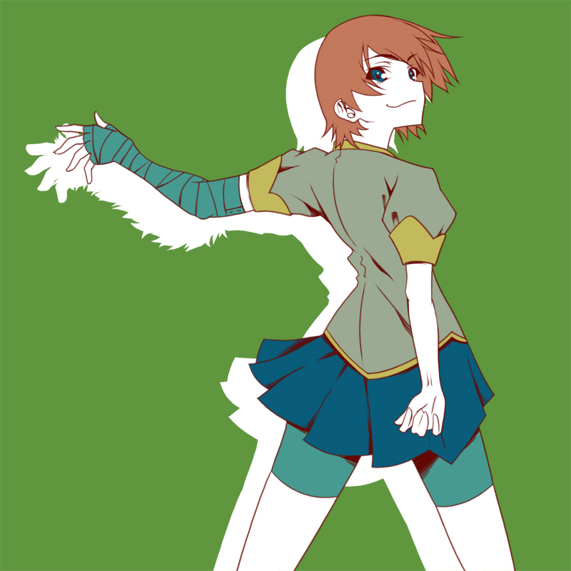 kondou mu, tanabe kyou, kanbaru suruga, bakemonogatari, monogatari (series), spoilers, 00s, 1girl, bandages, bike shorts, blue eyes, female focus, miniskirt, school uniform, shadow, short hair, simple background, skirt, smile, solo