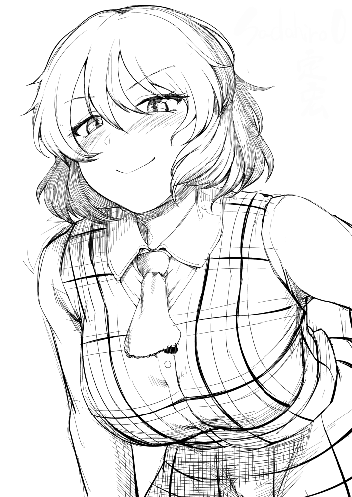 sadahiro (chicken nugget gyuuniku aji), kazami yuuka, touhou, commentary request, 1girl, blush, breasts, closed mouth, collared shirt, greyscale, hair between eyes, large breasts, leaning forward, long sleeves, looking at viewer, monochrome, plaid clothes, plaid skirt, plaid vest, shirt, short hair, simple background, sketch, skirt, skirt set, smile, solo, upper body, v-shaped eyebrows, vest