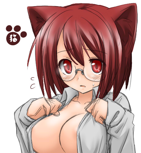deku (dekunosu), original, lowres, animal ears, blush, breasts, cat ears, glasses, large breasts, no bra, open clothes, open shirt, red eyes, red hair, shirt