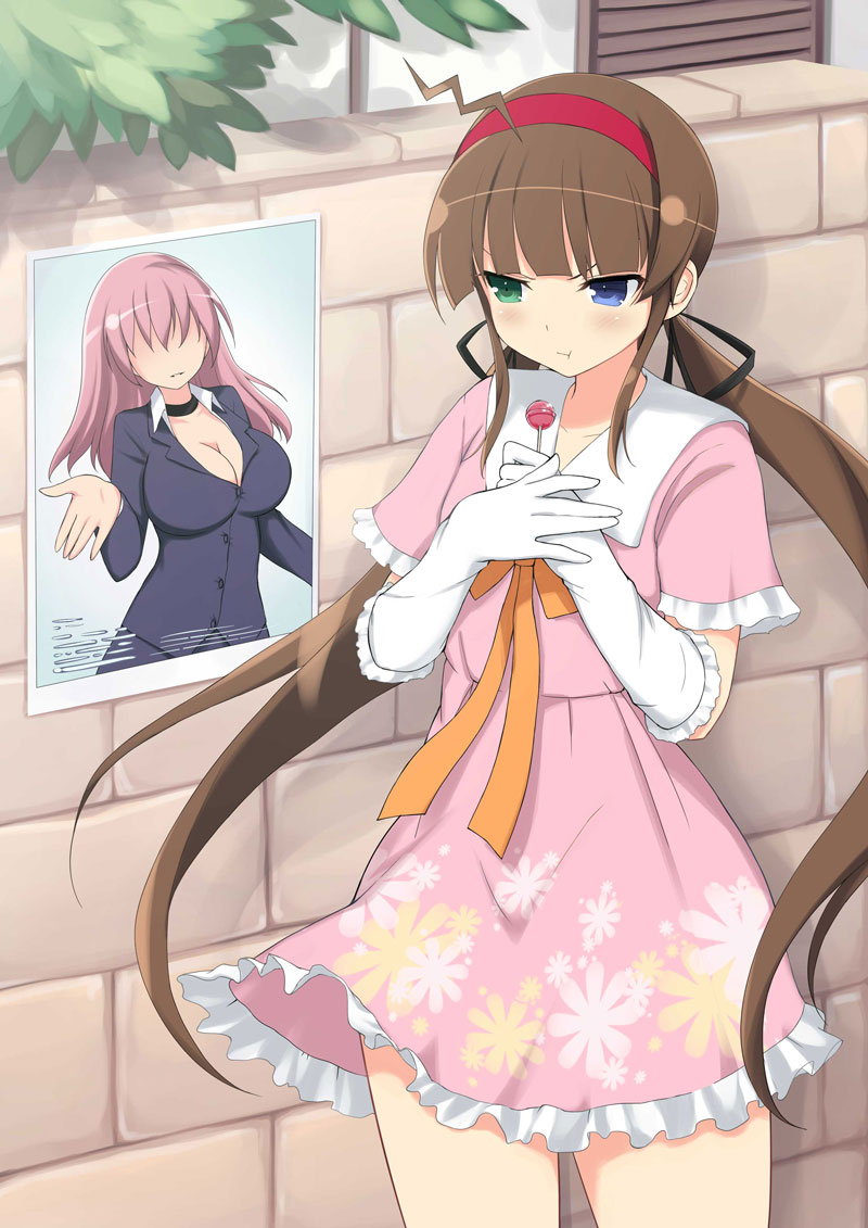 miki (senran kagura), ryoubi (senran kagura), senran kagura, senran kagura new wave, senran kagura shinovi versus, non-web source, official art, 1girl, :t, ahoge, angry, black choker, black suit, blue eyes, blunt bangs, blush, breast envy, breasts, brick wall, brown hair, business suit, candy, chest ribbon, choker, cleavage, collar, collarbone, cowboy shot, dress, faceless, faceless female, flat chest, floral print, floral print dress, food, formal clothes, frilled dress, frills, gloves, green eyes, hair ribbon, hairband, heterochromia, holding, holding candy, holding food, holding lollipop, jealous, large breasts, leaf, lightning ahoge, lollipop, long hair, low twintails, orange ribbon, outdoors, pink dress, pink hair, poster (object), pout, print dress, red hairband, ribbon, short dress, sidelocks, solo, suit, twintails, v-shaped eyebrows, very long hair, white collar, white gloves