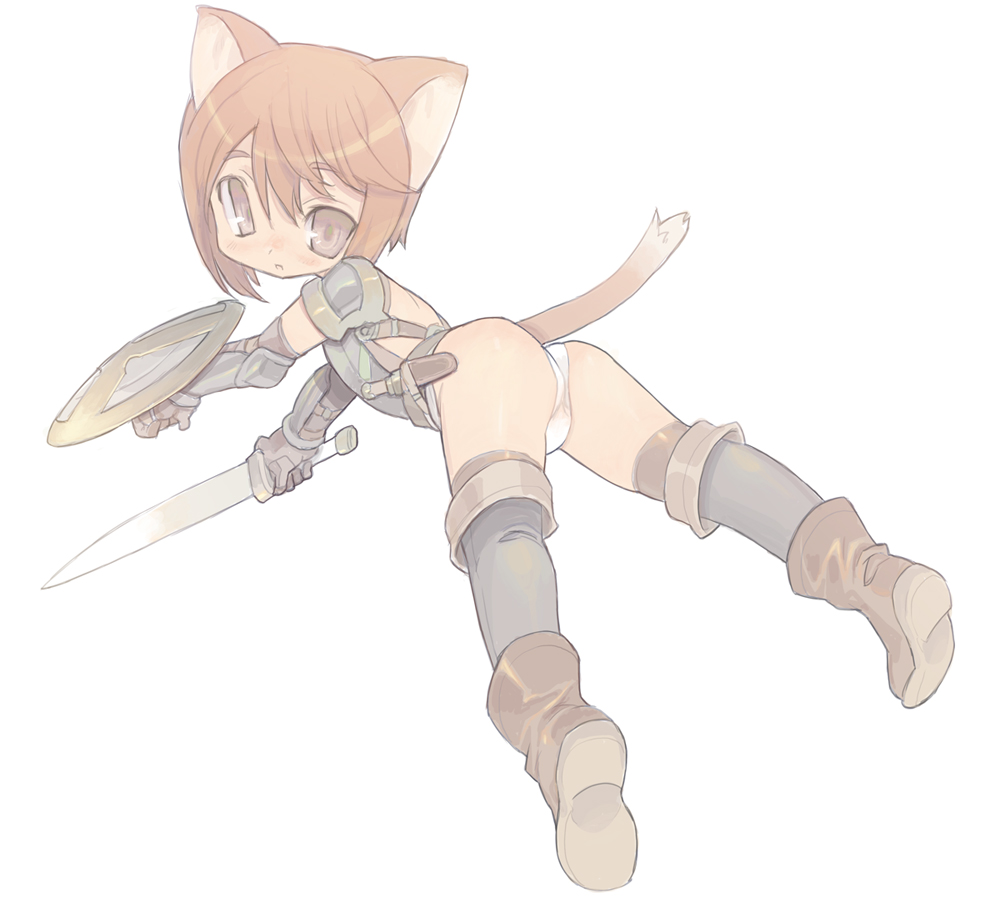 blade (galaxist), original, bad id, bad pixiv id, animal ears, ass, blush, brown eyes, brown hair, cat ears, cat tail, from behind, looking back, lying, panties, shield, solo, sword, tail, underwear, weapon