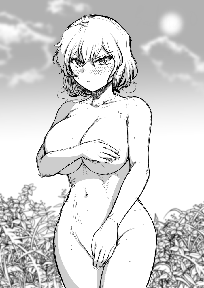 sadahiro (chicken nugget gyuuniku aji), kazami yuuka, touhou, commentary request, 1girl, blush, breasts, cleavage, closed mouth, cloud, completely nude, covering breasts, covering crotch, covering privates, cowboy shot, day, embarrassed, flower, frown, greyscale, large breasts, looking at viewer, monochrome, navel, nude, outdoors, short hair, sketch, solo, sun, v-shaped eyebrows